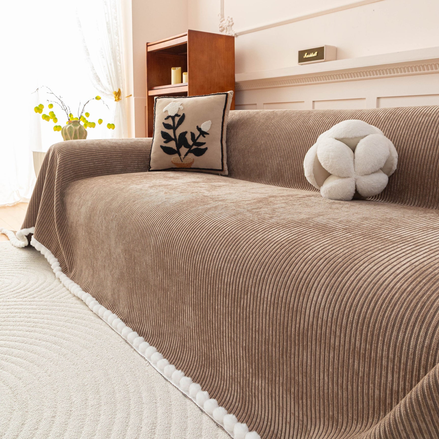 Textured Striped Cozy Couch Cover Throw Blanket with Pom Pom Trim for Sectional Sofa - Ornate Home