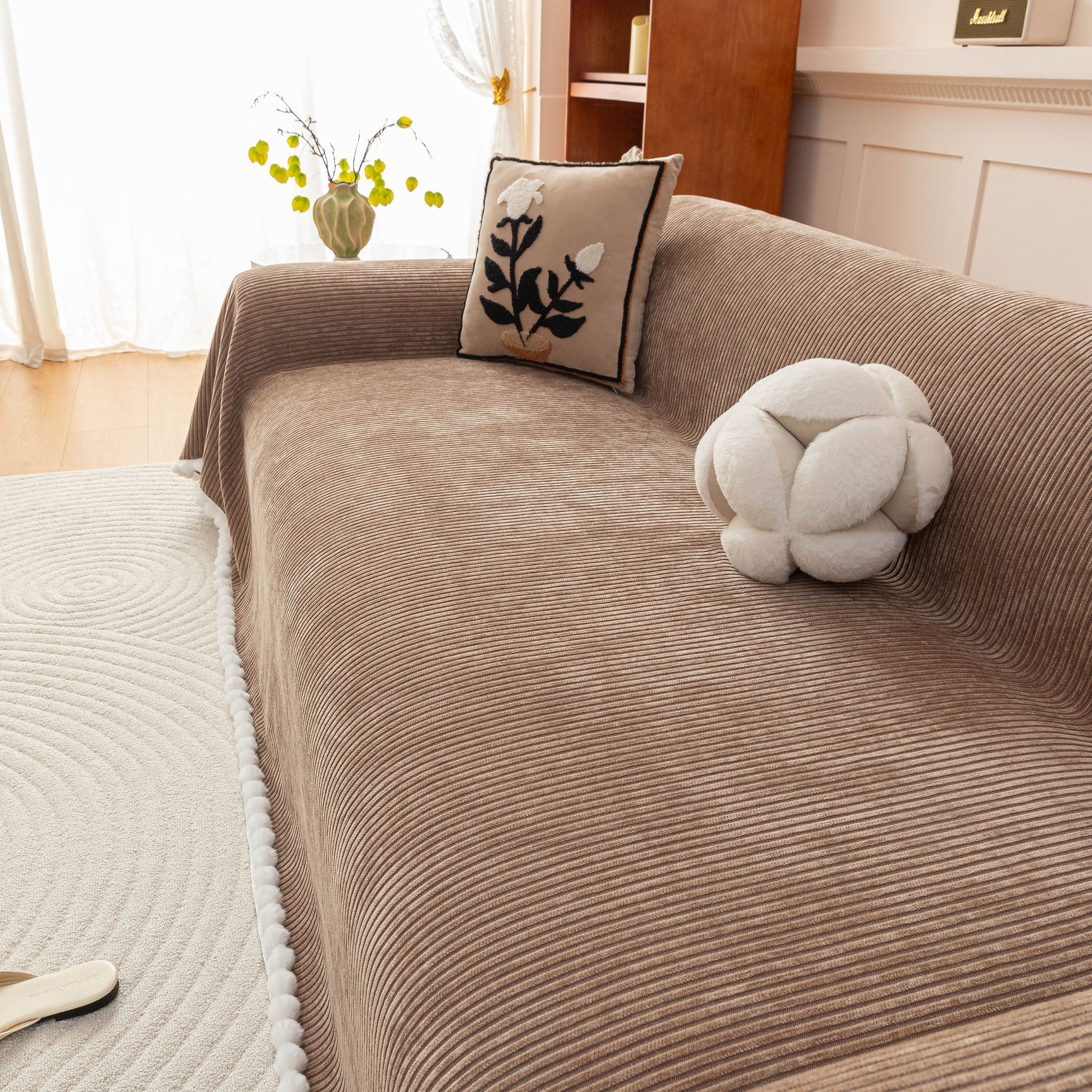 Textured Striped Cozy Couch Cover Throw Blanket with Pom Pom Trim for Sectional Sofa - Ornate Home
