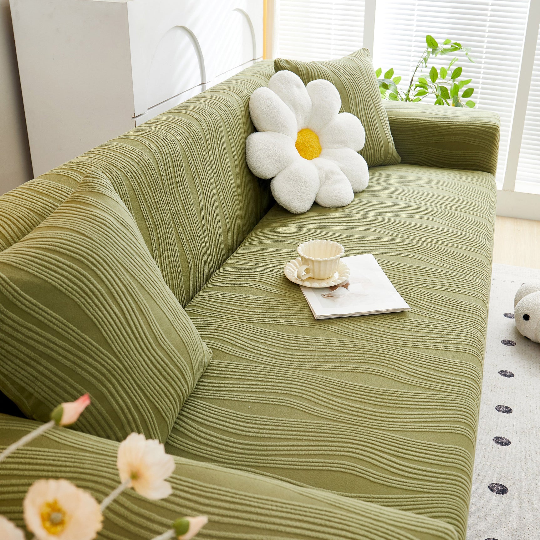 Textured Wave Stretch Sofa Couch Cover, Soft Washable Spandex Furniture Slipcovers - Ornate Home