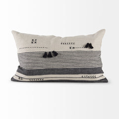 Thalia Black/Beige 13x21 Fabric Striped with Fringe Pillow Cover with Down Filler (Set of 2) - Ornate Home