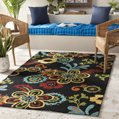 Thaxton Colorful Flowers on Black Outdoor Area Rug - Clearance - Ornate Home
