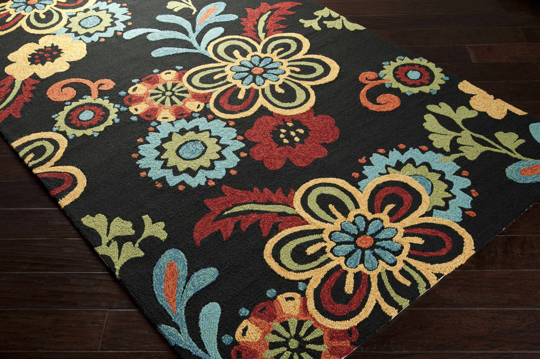 Thaxton Colorful Flowers on Black Outdoor Area Rug - Clearance - Ornate Home