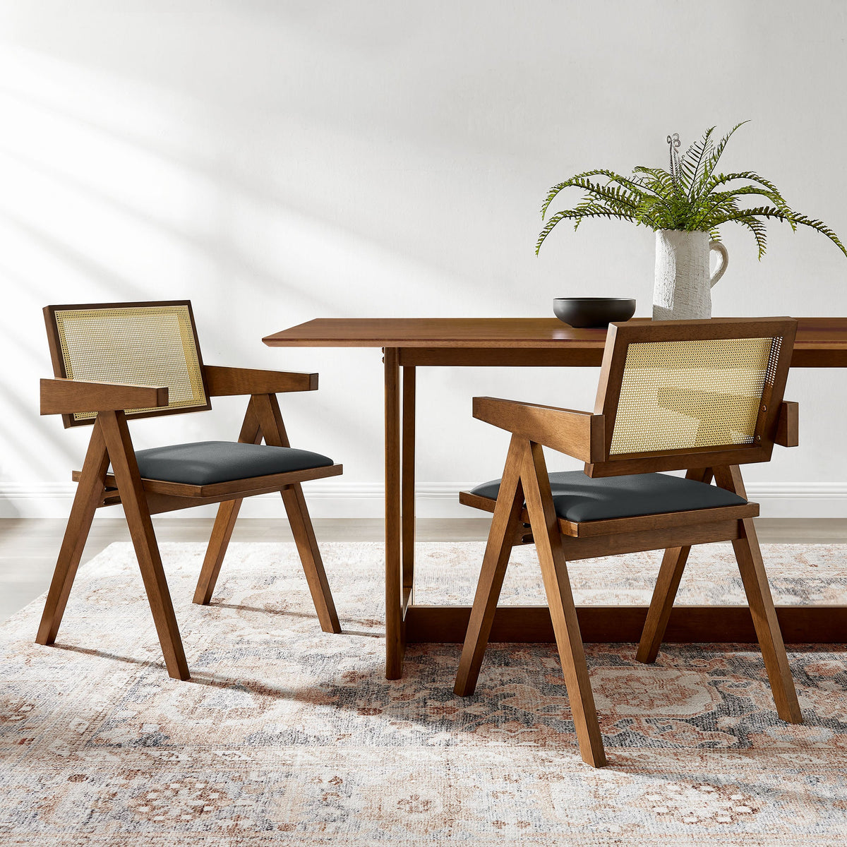 Thera Walnut/Black Vegan Leather Cane Dining Armchairs (Set of 2) - Ornate Home