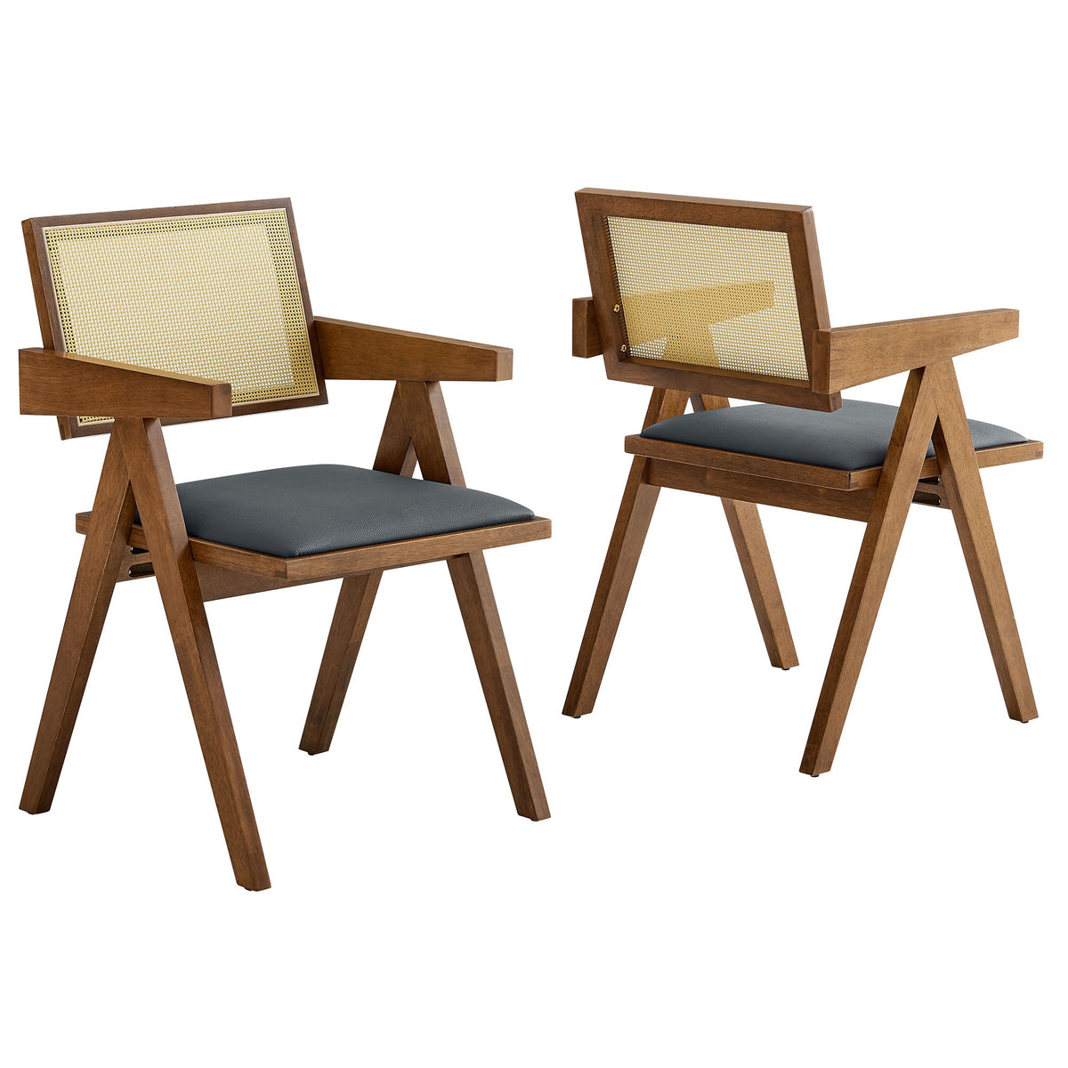 Thera Walnut/Black Vegan Leather Cane Dining Armchairs (Set of 2) - Ornate Home