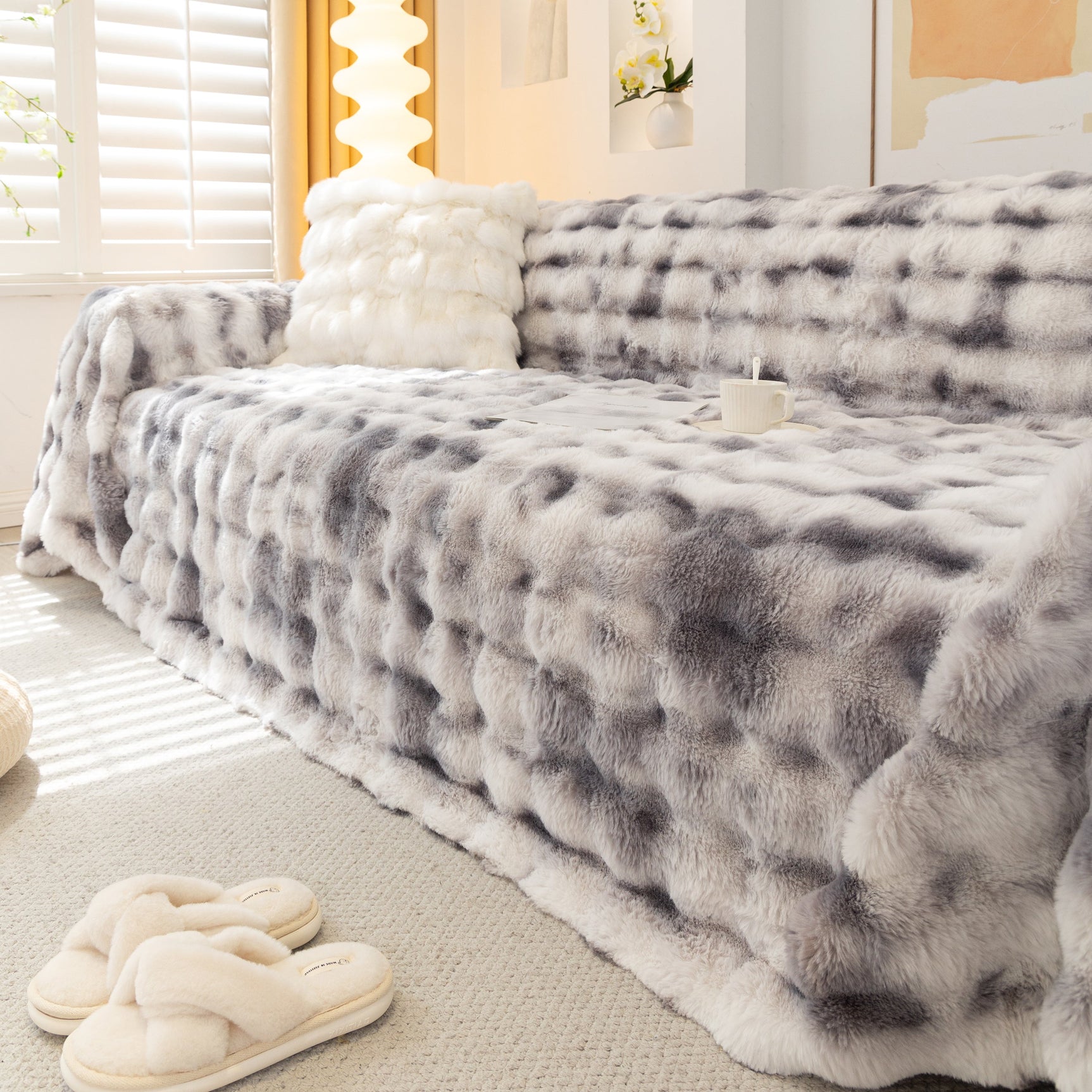 Thick Faux Fur Couch Cover Fluffy Fuzzy Warm Washable Furniture Protector for Kids Pets - Ornate Home