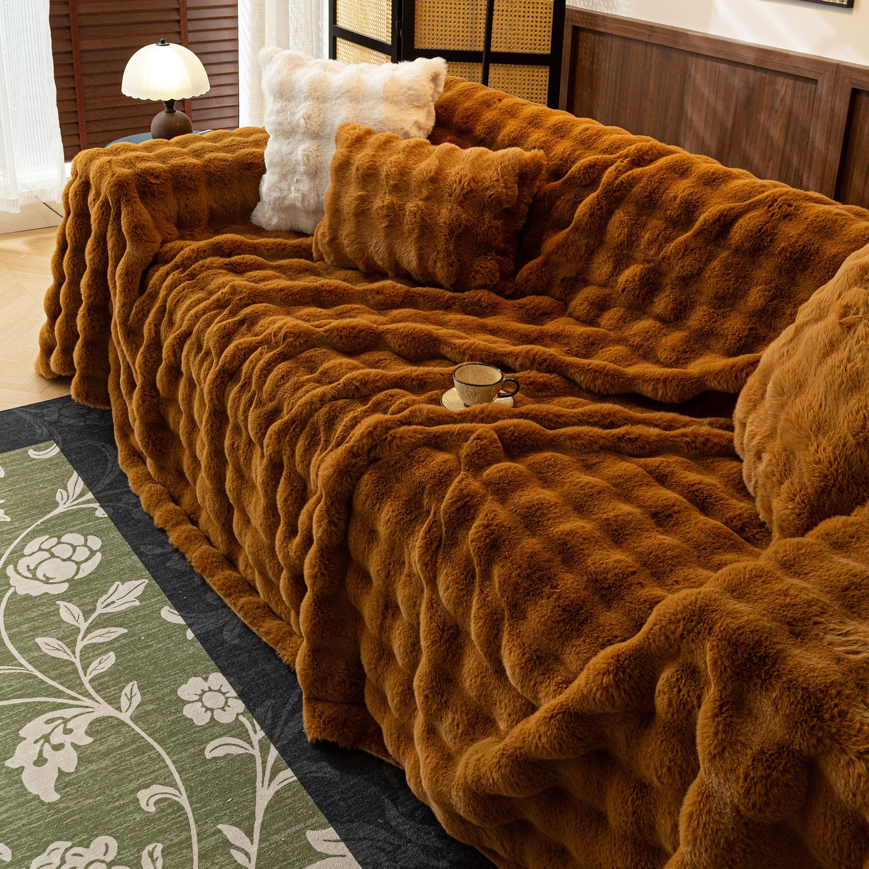 Thick Faux Fur Sofa Cover Fluffy Plush Warm Sofa Slipcover Furniture Protector for Couch Bed - Ornate Home