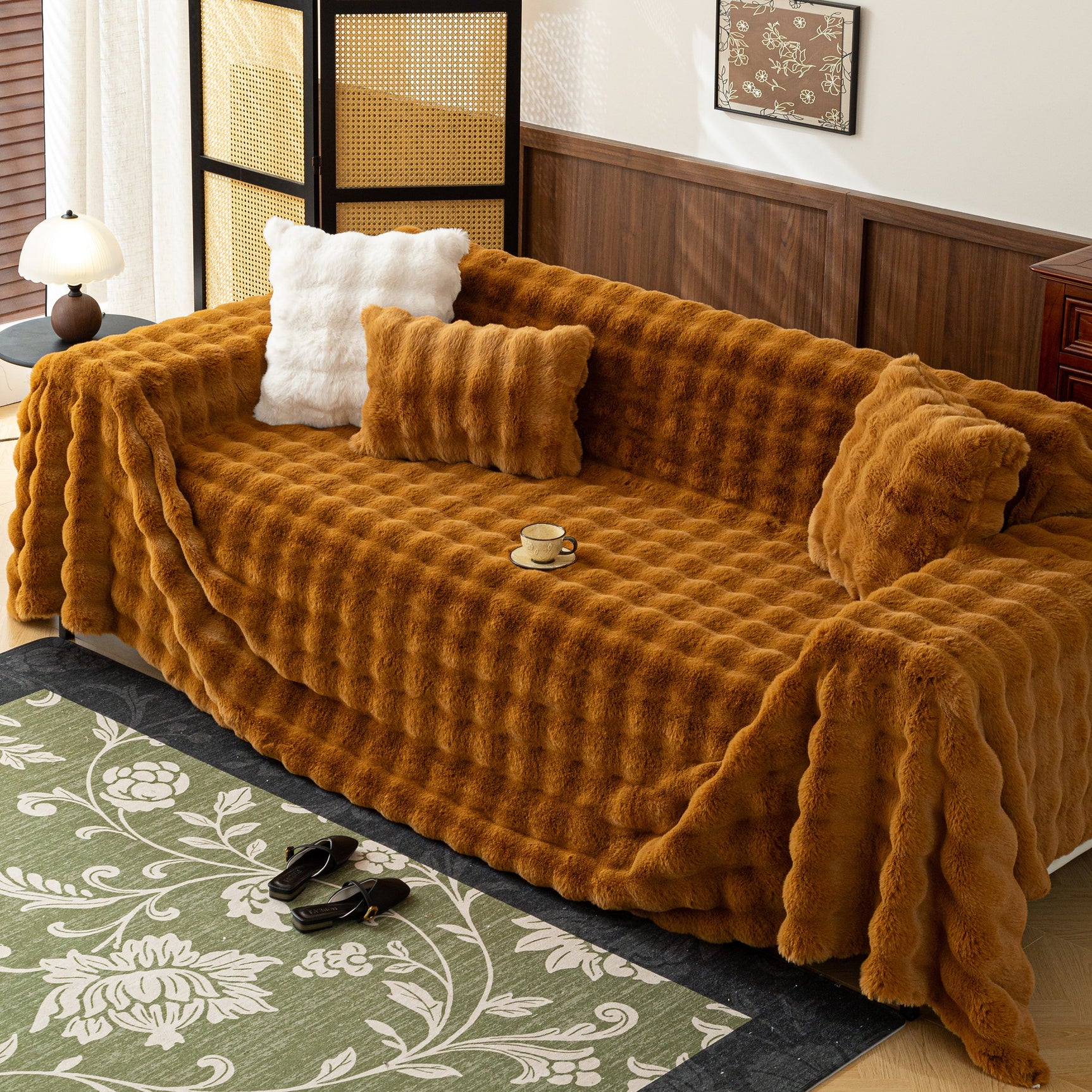 Thick Faux Fur Sofa Cover Fluffy Plush Warm Sofa Slipcover Furniture Protector for Couch Bed - Ornate Home