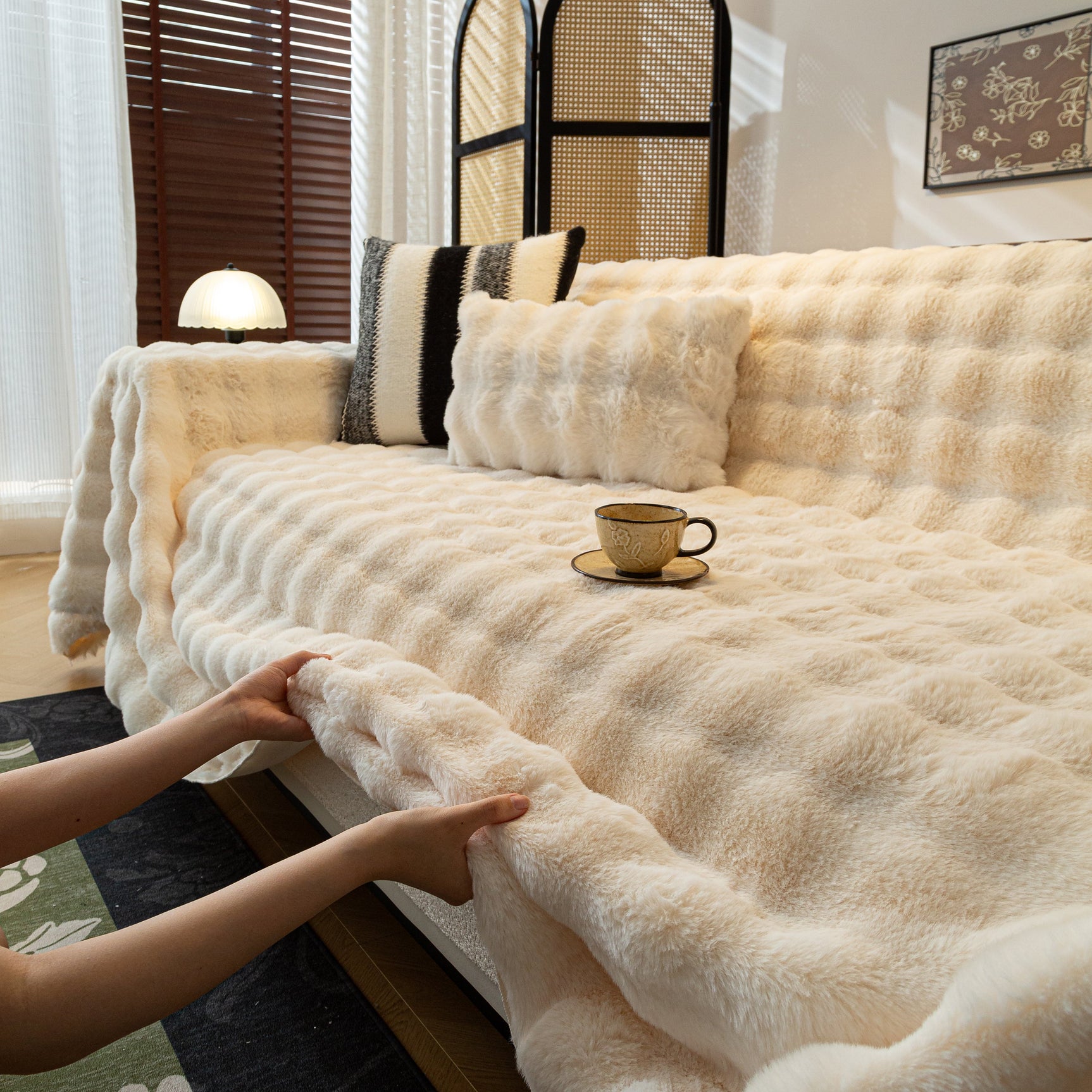 Thick Faux Fur Sofa Cover Fluffy Plush Warm Sofa Slipcover Furniture Protector for Couch Bed - Ornate Home