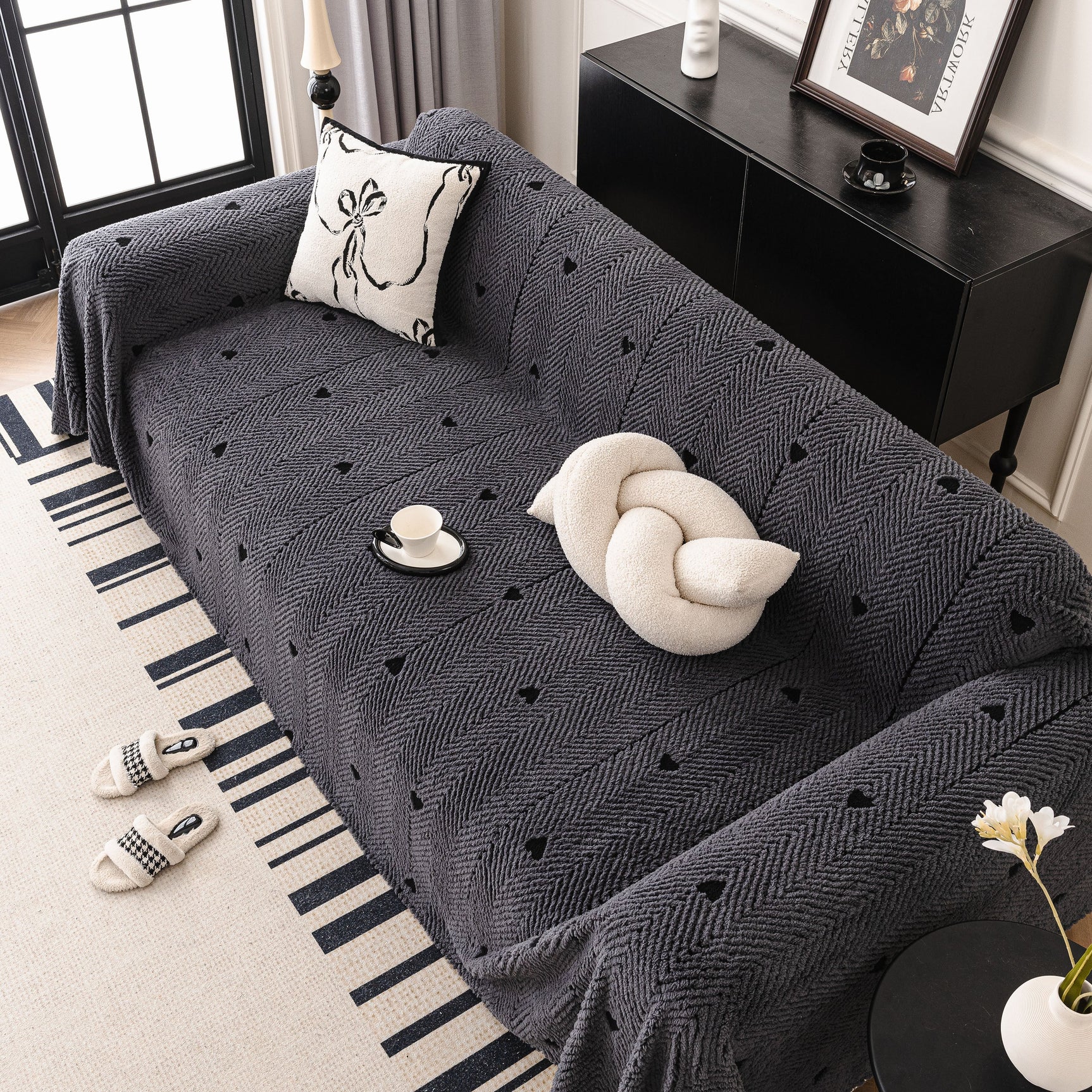 Thick Plush Sofa Cover Throw for Couch, 3D Textured Herringbone Washable Slipcover - Ornate Home