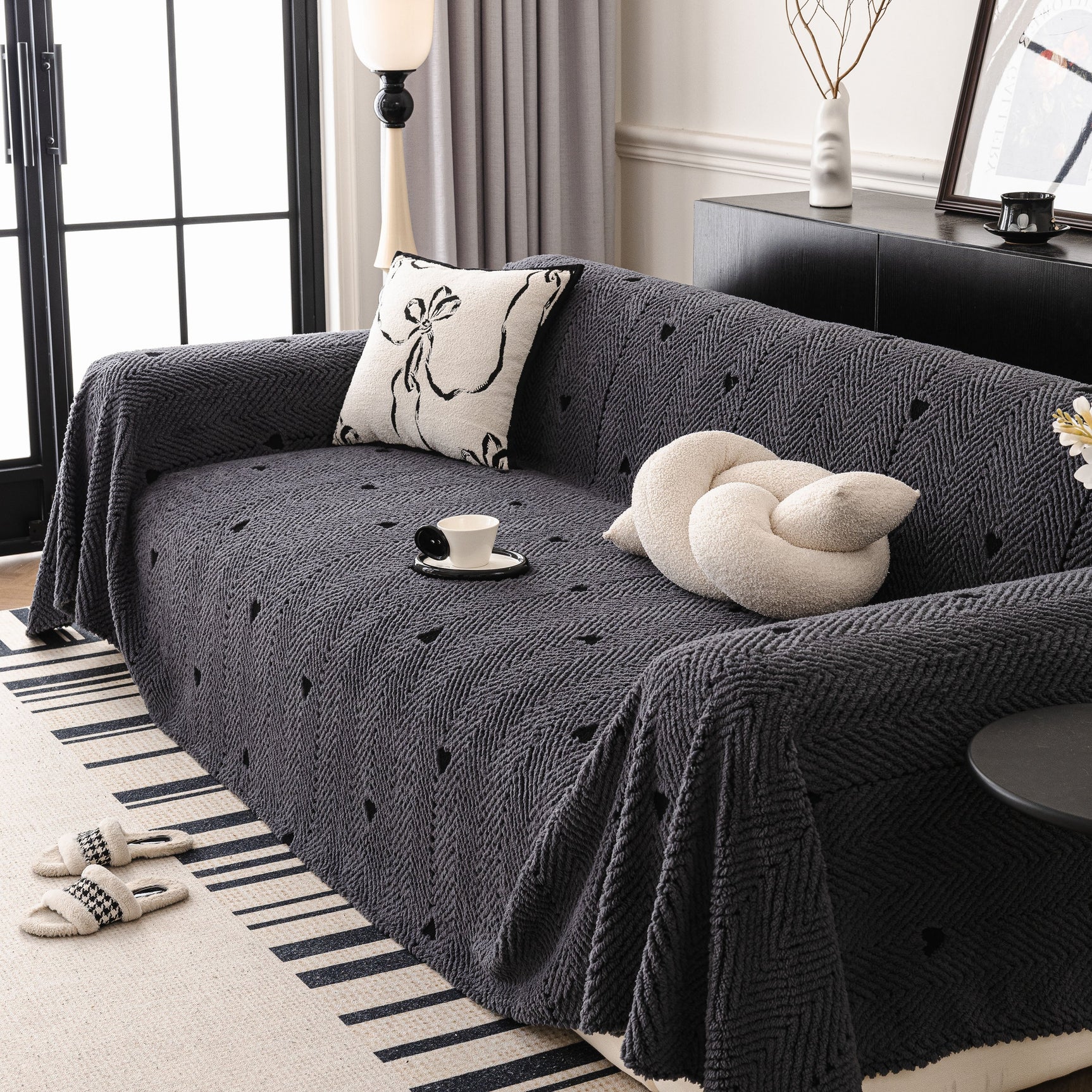 Thick Plush Sofa Cover Throw for Couch, 3D Textured Herringbone Washable Slipcover - Ornate Home