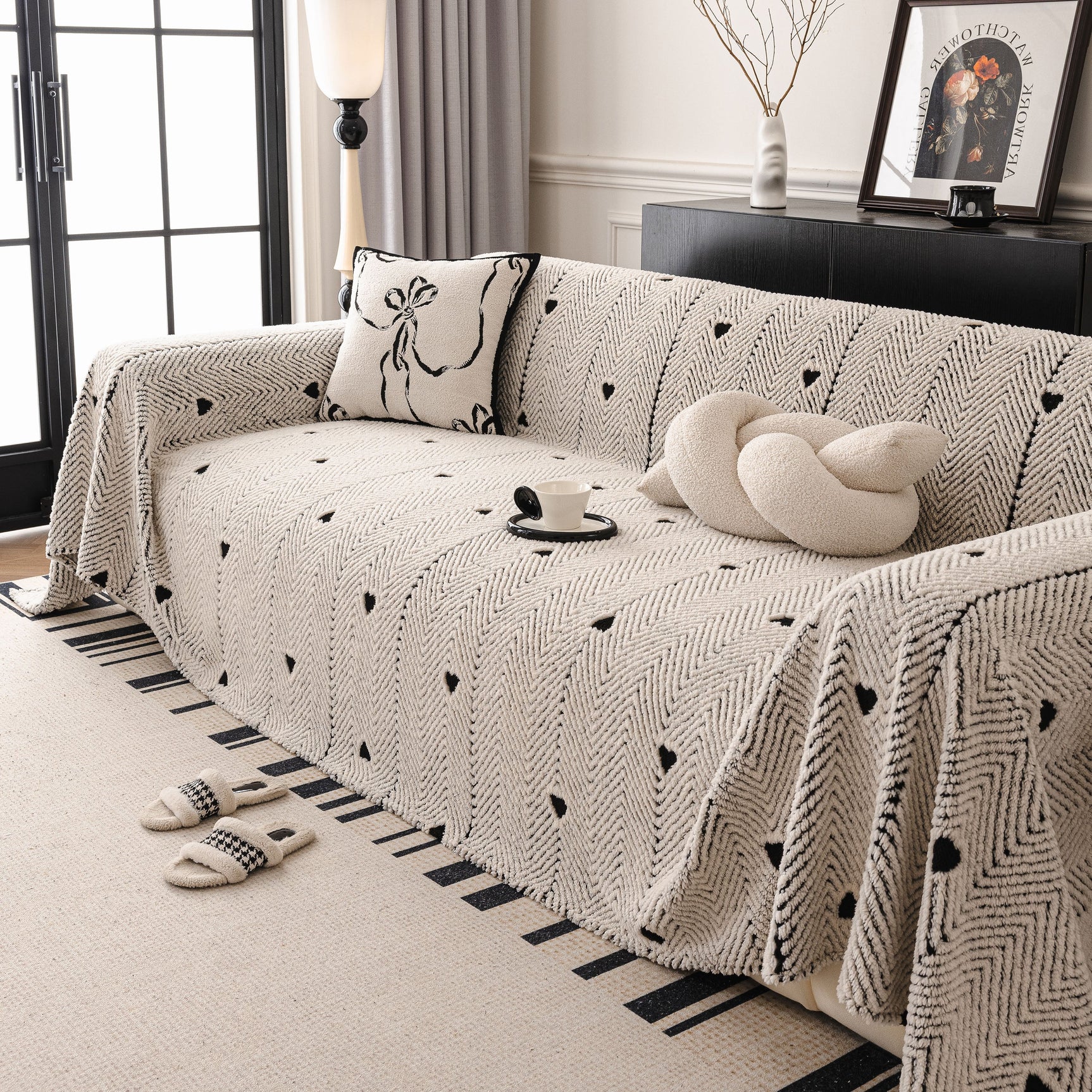 Thick Plush Sofa Cover Throw for Couch, 3D Textured Herringbone Washable Slipcover - Ornate Home