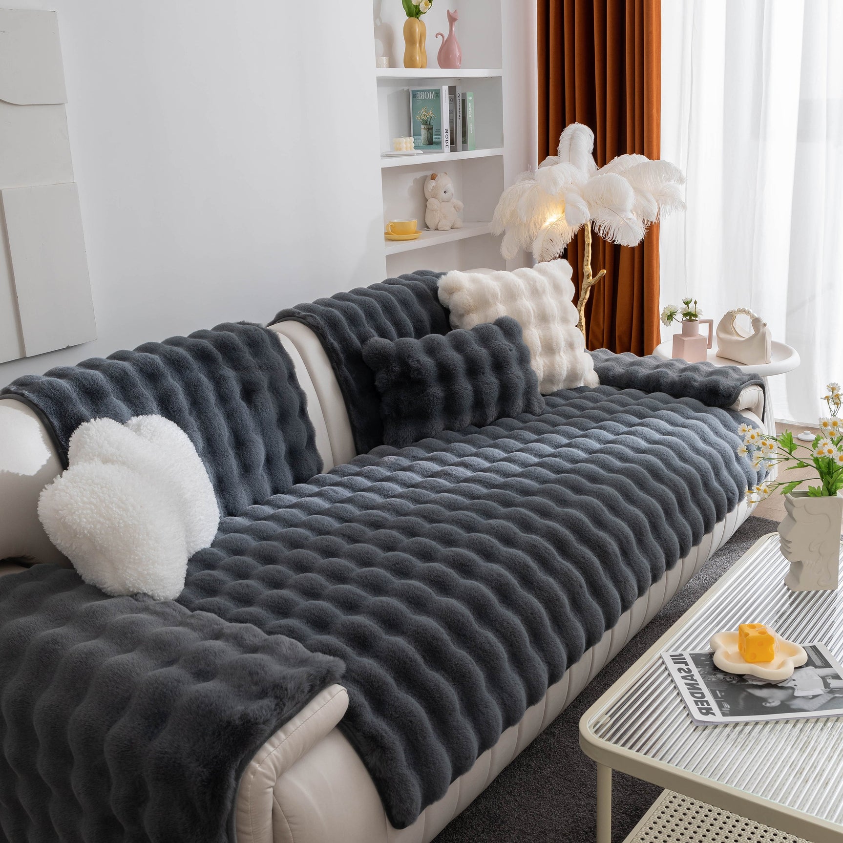 Thick Sofa Cushion Solid Color Faux Fur Fluffy Sofa Cushion Non-Slip Couch Covers - Ornate Home