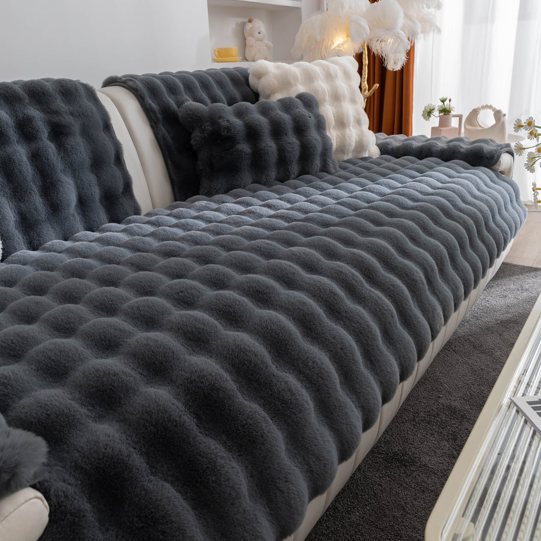 Thick Sofa Cushion Solid Color Faux Fur Fluffy Sofa Cushion Non-Slip Couch Covers - Ornate Home