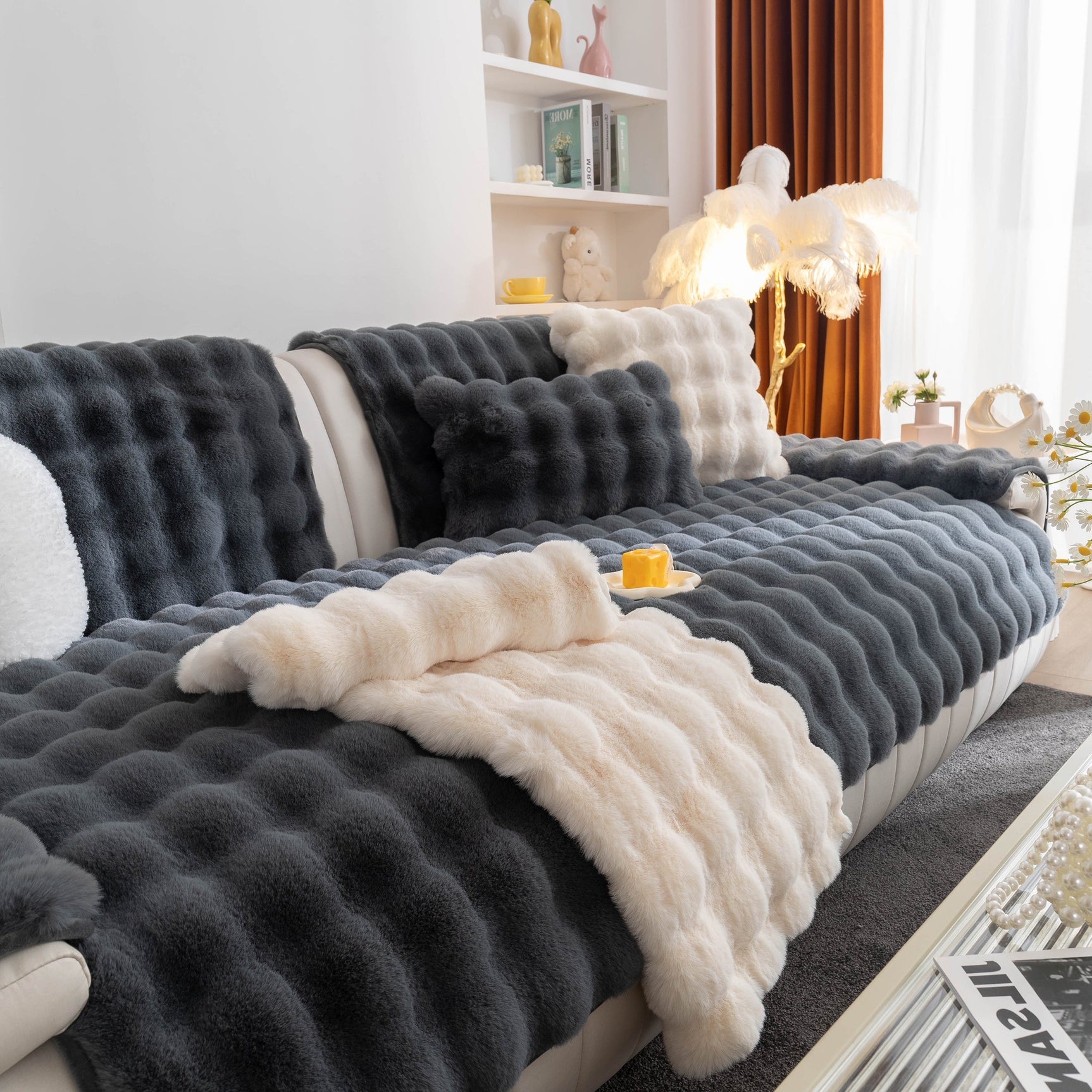 Thick Sofa Cushion Solid Color Faux Fur Fluffy Sofa Cushion Non-Slip Couch Covers - Ornate Home