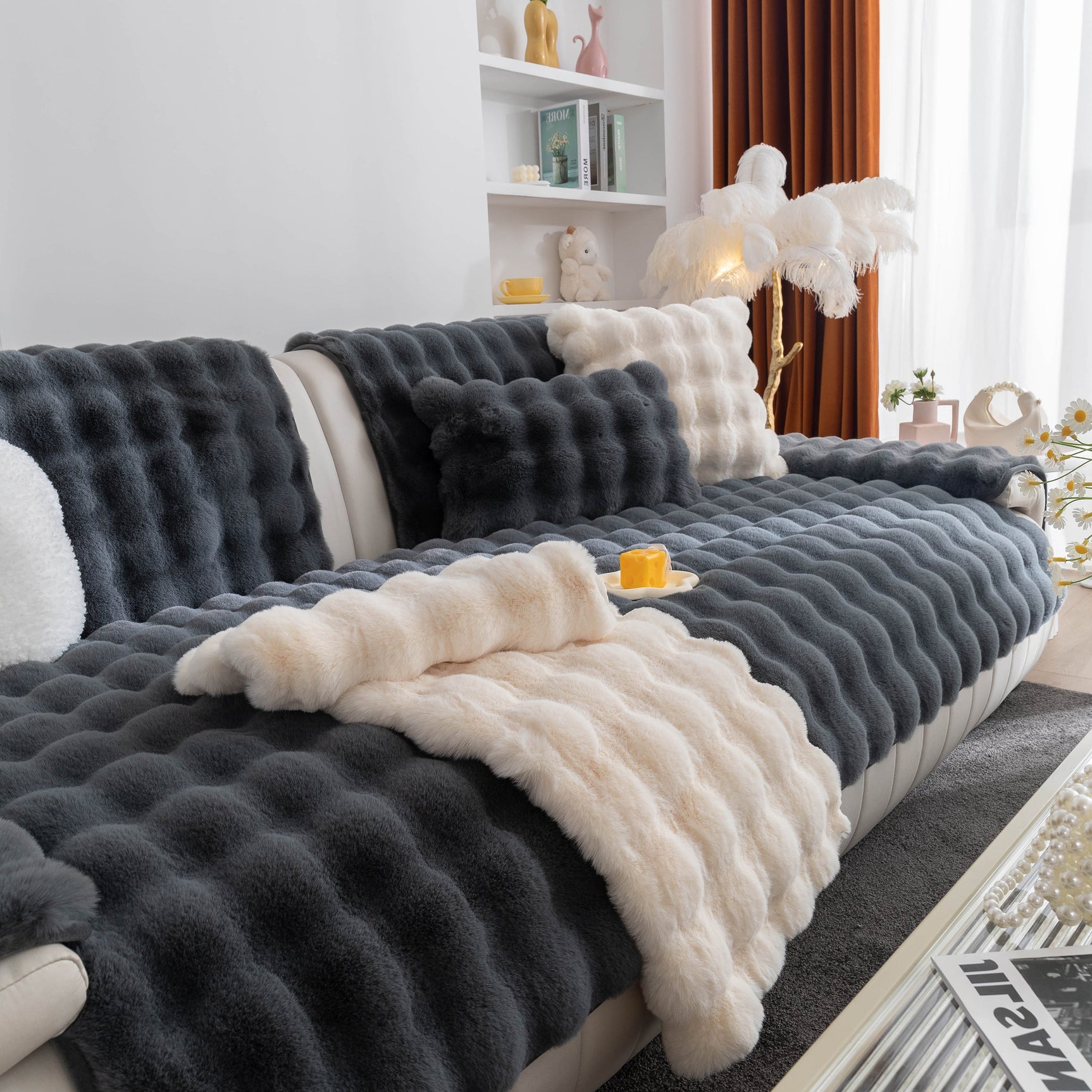 Thick Sofa Cushion Solid Color Faux Fur Fluffy Sofa Cushion Non-Slip Couch Covers - Ornate Home