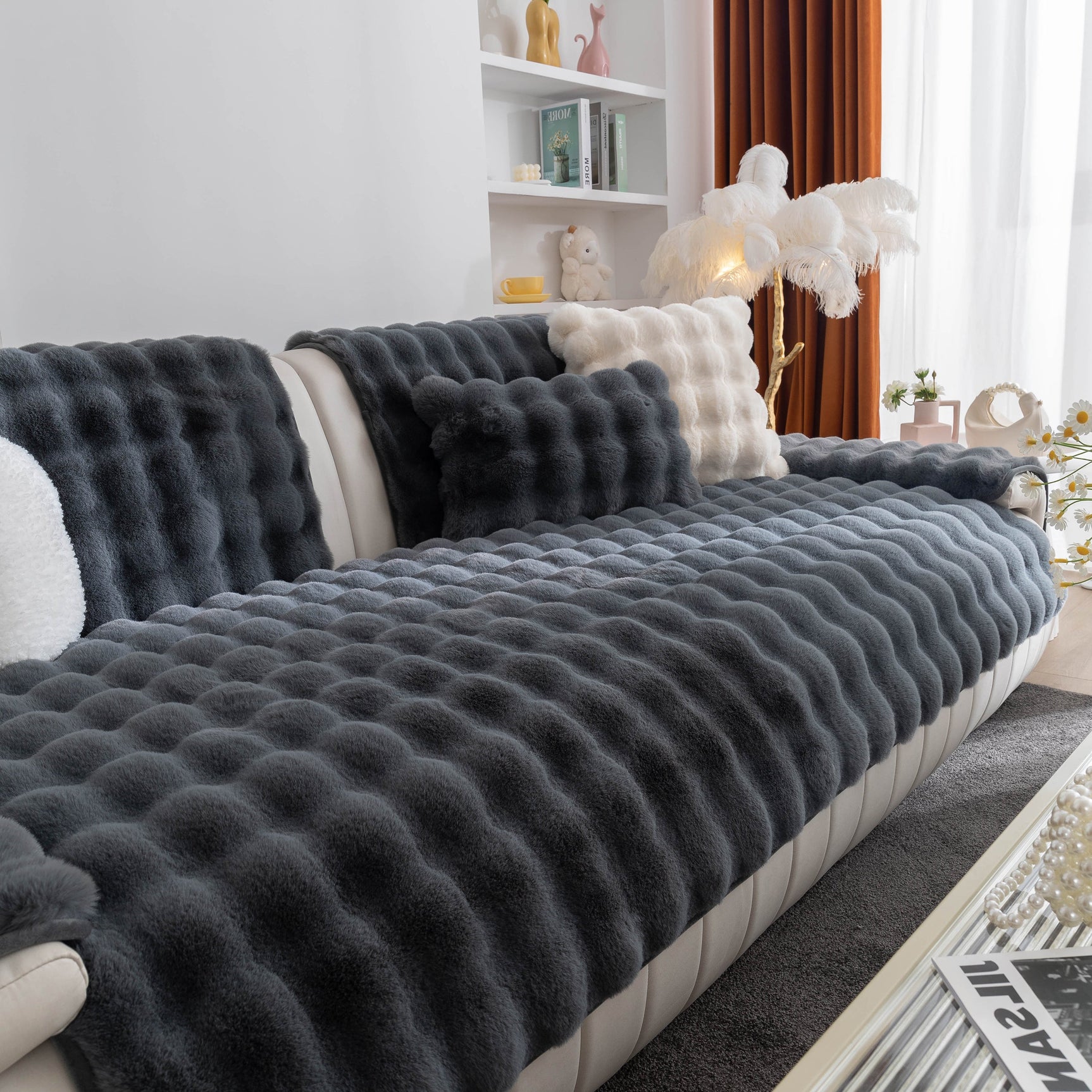 Thick Sofa Cushion Solid Color Faux Fur Fluffy Sofa Cushion Non-Slip Couch Covers - Ornate Home