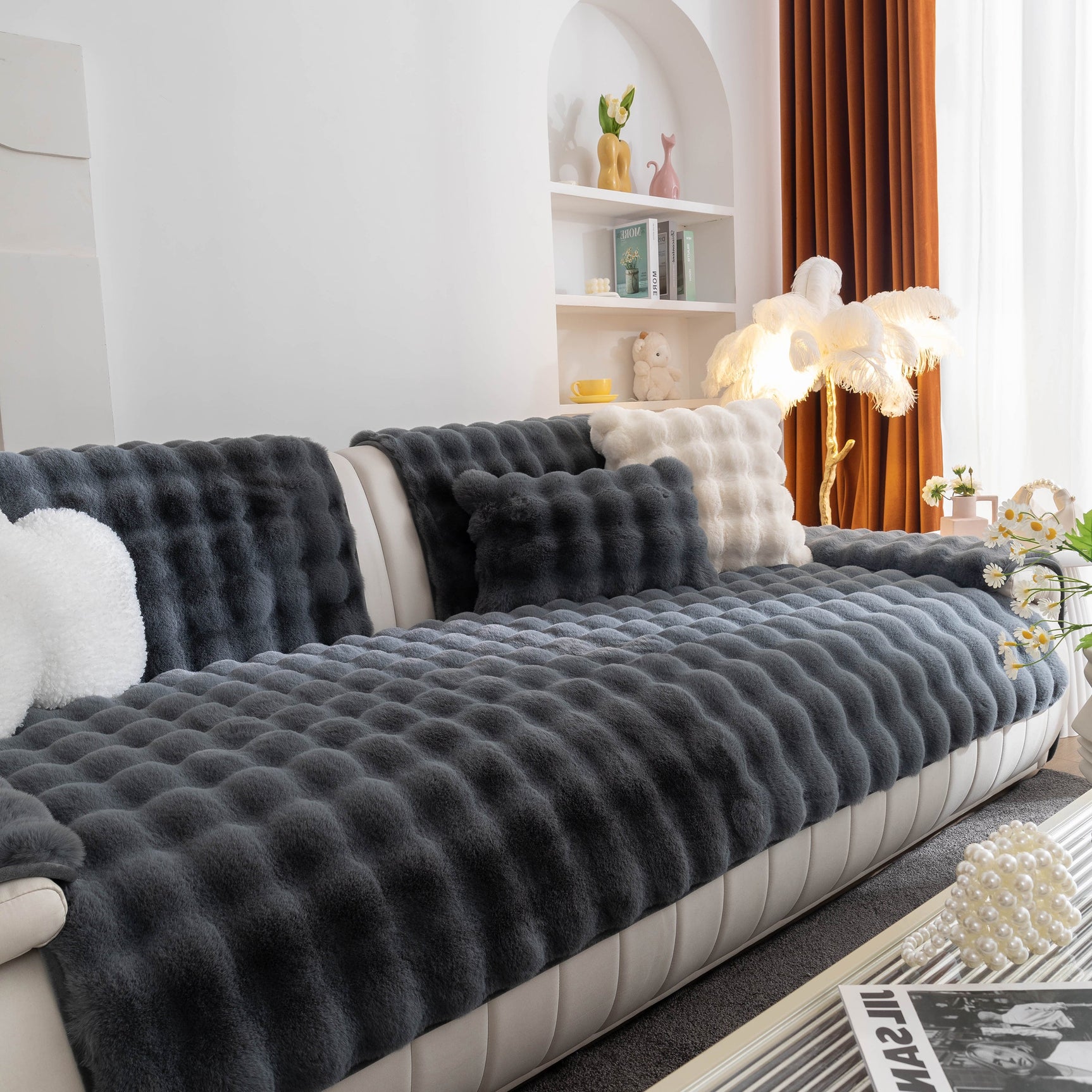 Thick Sofa Cushion Solid Color Faux Fur Fluffy Sofa Cushion Non-Slip Couch Covers - Ornate Home