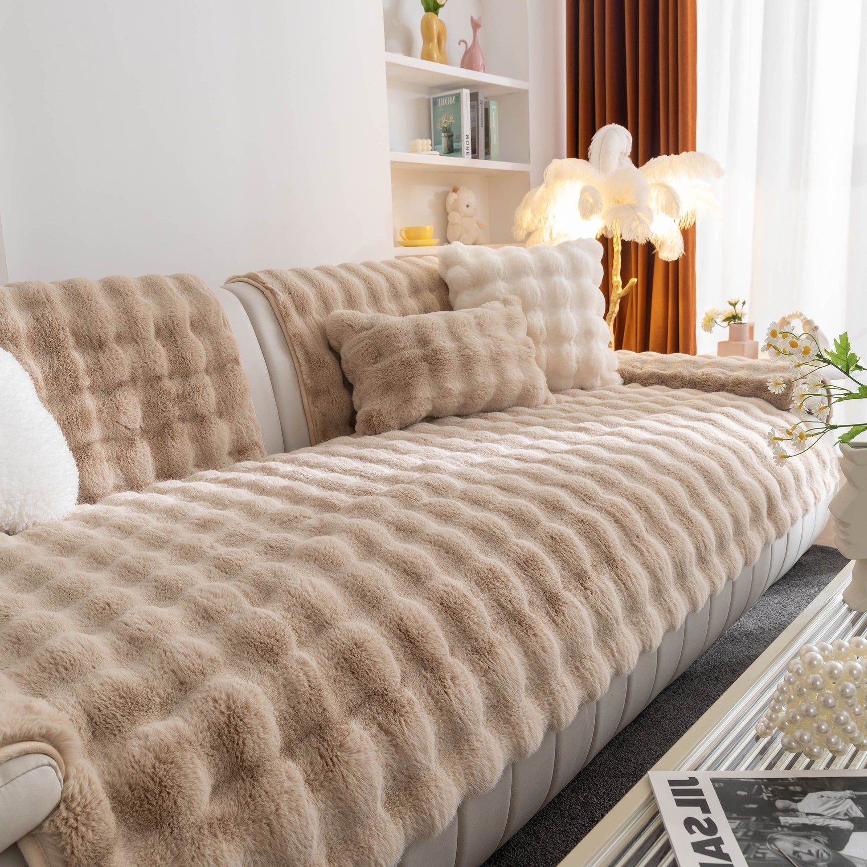 Thick Sofa Cushion Solid Color Faux Fur Fluffy Sofa Cushion Non-Slip Couch Covers - Ornate Home