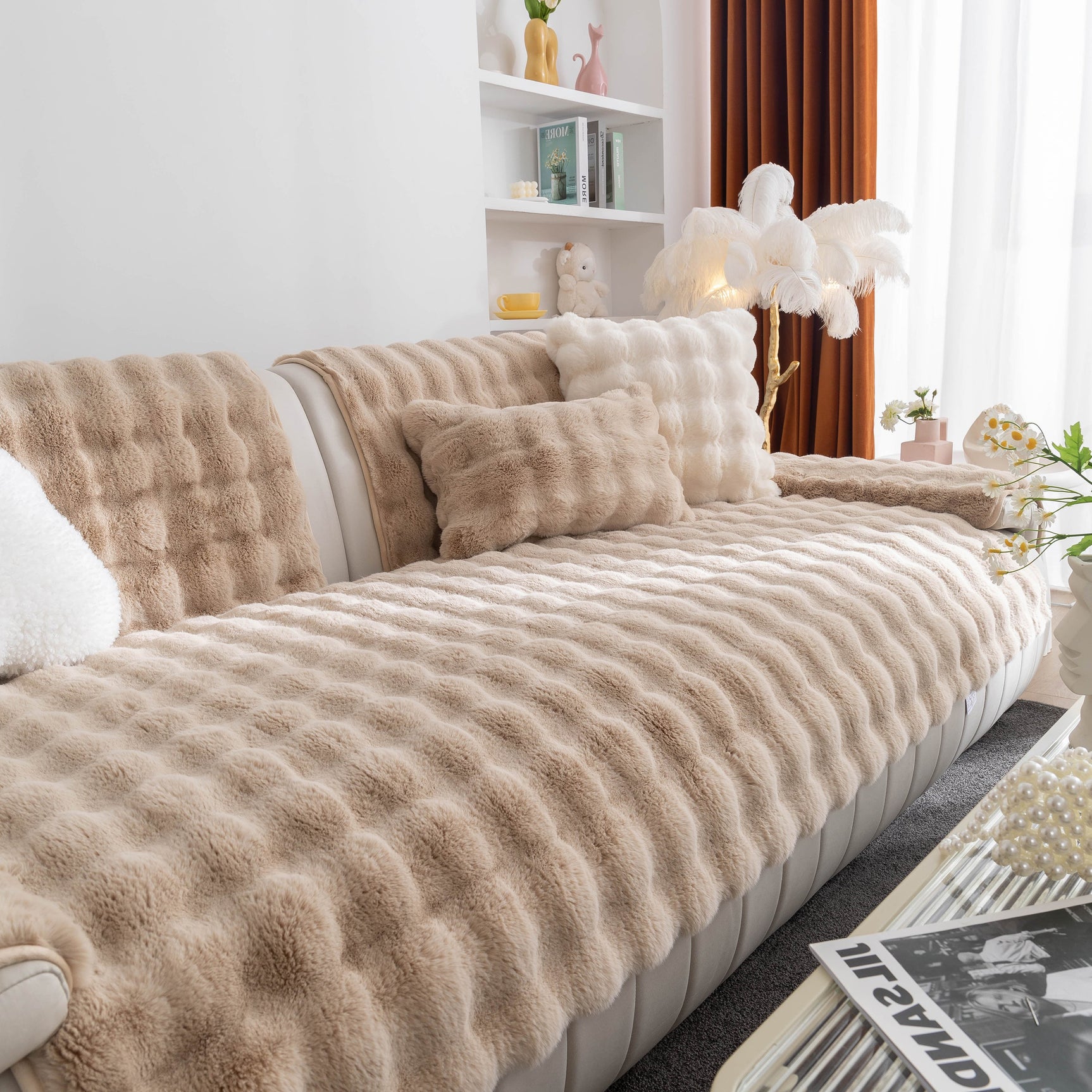 Thick Sofa Cushion Solid Color Faux Fur Fluffy Sofa Cushion Non-Slip Couch Covers - Ornate Home
