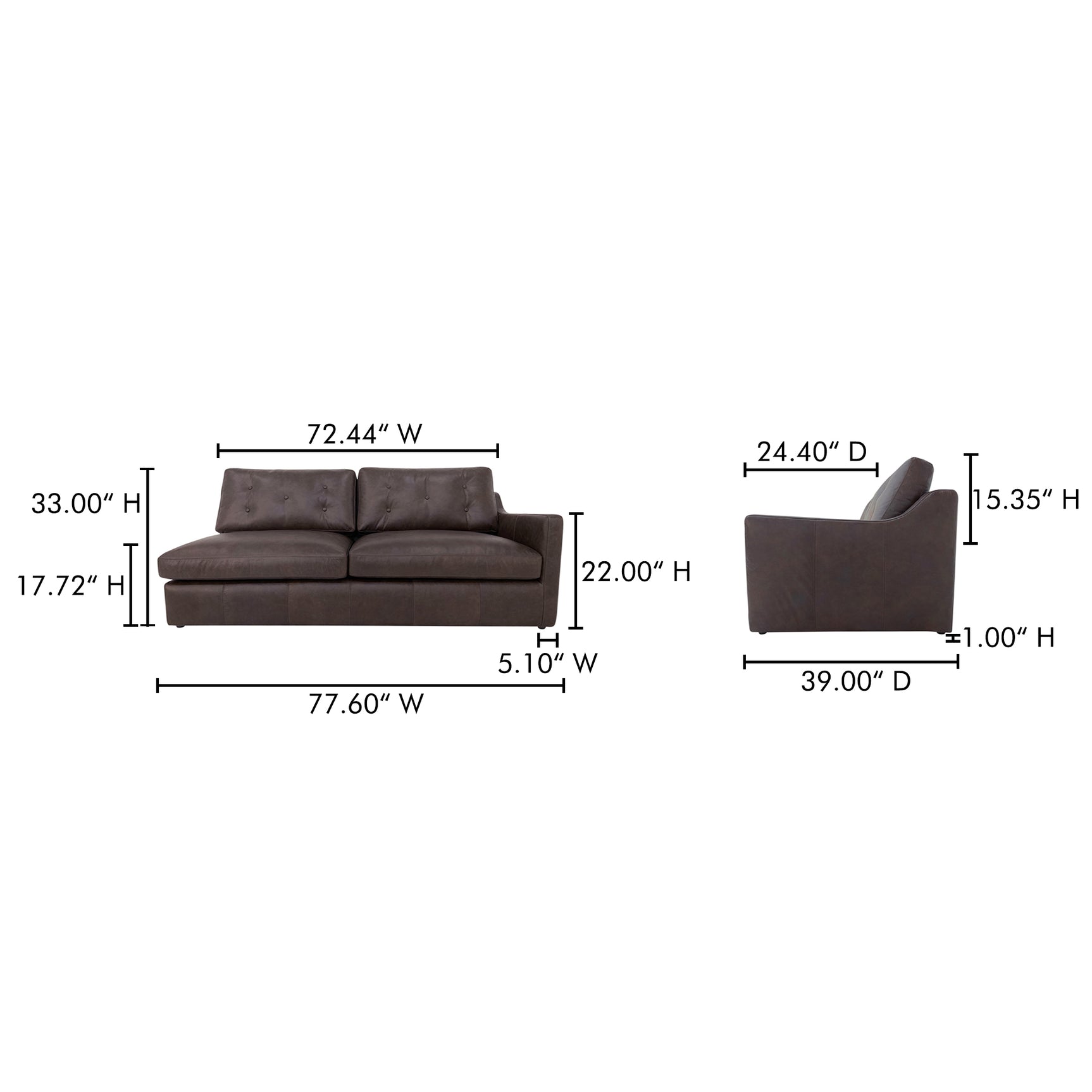 Thurlow Espresso Brown Leather Right Arm Facing Sofa - Ornate Home