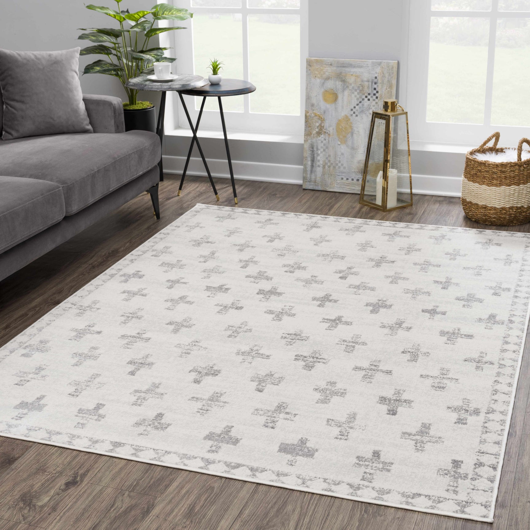 Tigris Swiss Cross Ivory&Gray Area Rug - Ornate Home