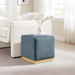 Tilden Cadet Blue/Natural 17" Square Performance Velvet Upholstered Ottoman - Ornate Home