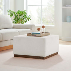 Tilden Cloud/Walnut Large 28" Square Boucle Upholstered Ottoman - Ornate Home