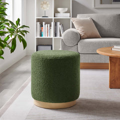 Tilden Moss Green/Natural 16" Round Sherpa Upholstered Ottoman - Ornate Home