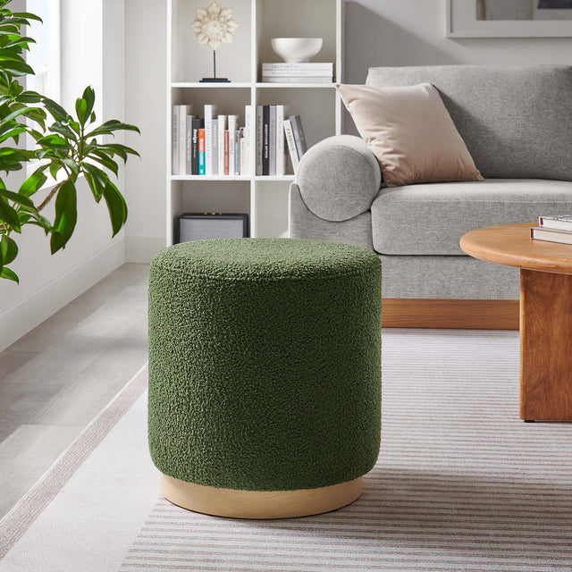 Tilden Moss Green/Natural 16" Round Sherpa Upholstered Ottoman - Ornate Home