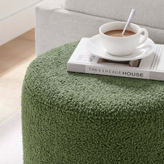 Tilden Moss Green/Natural 16" Round Sherpa Upholstered Ottoman - Ornate Home