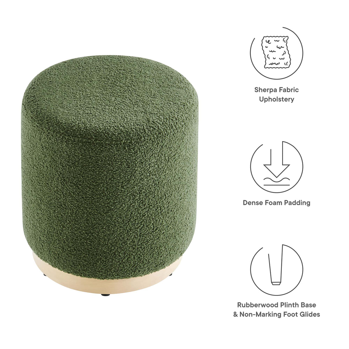 Tilden Moss Green/Natural 16" Round Sherpa Upholstered Ottoman - Ornate Home