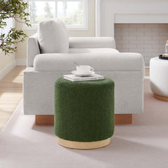 Tilden Moss Green/Natural 16" Round Sherpa Upholstered Ottoman - Ornate Home