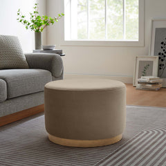 Tilden Taupe/Natural Large 23" Round Performance Velvet Upholstered Ottoman - Ornate Home