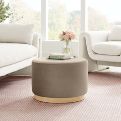 Tilden Taupe/Natural Large 23" Round Performance Velvet Upholstered Ottoman - Ornate Home