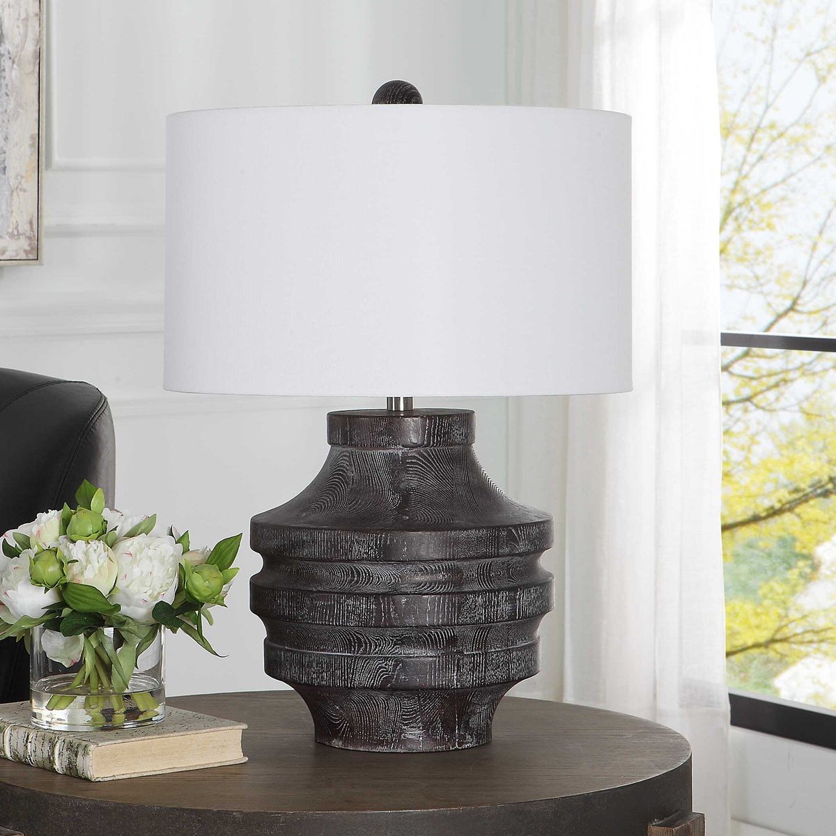 Timber Black Carved Wood Table Lamp - Ornate Home