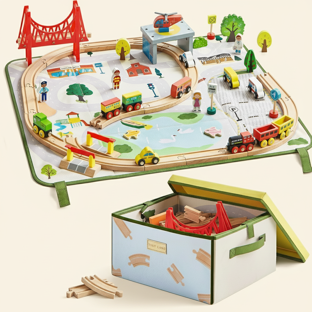 Tiny Land® 110-Piece Wooden Train Set with Folding Storage Box - Ornate Home