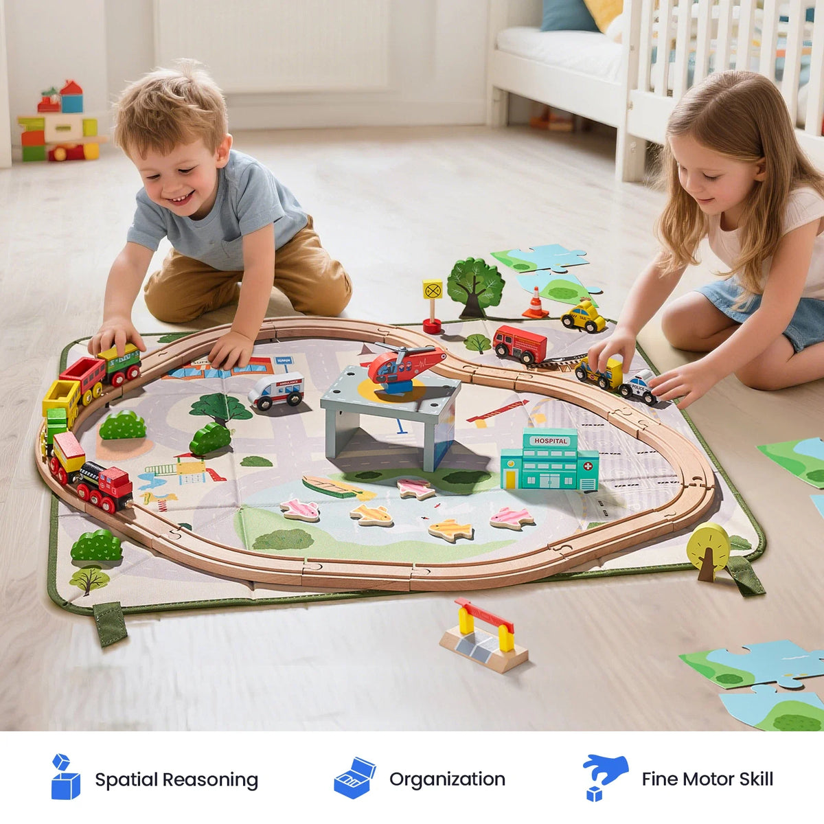 Tiny Land® 110-Piece Wooden Train Set with Folding Storage Box - Ornate Home