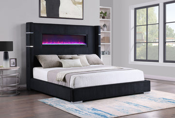 Tisdall Black Eastern King Upholstered Fireplace Bed - Ornate Home