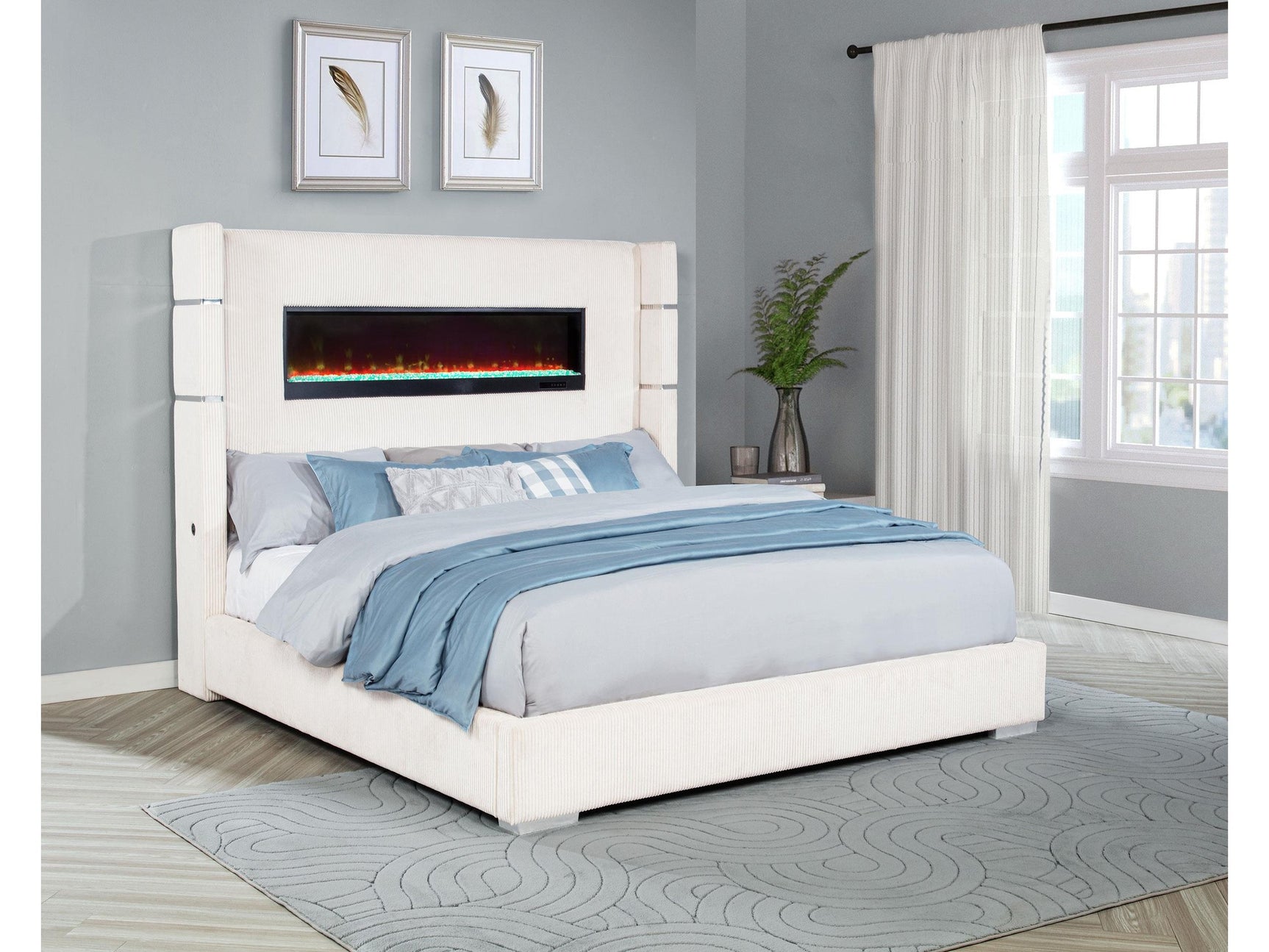 Tisdall Cream Upholstered Eastern King Flame Visualizer Bed - Ornate Home