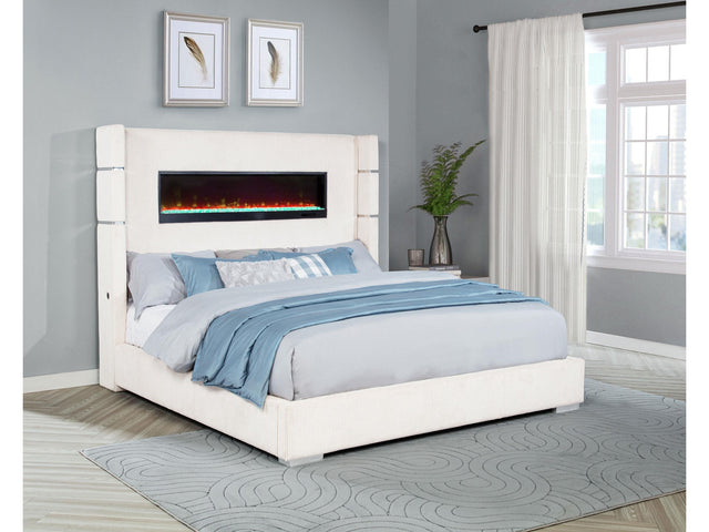 Tisdall Cream Upholstered Eastern King Flame Visualizer Bed - Ornate Home