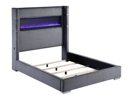 Tisdall Grey Queen Upholstered Fireplace Bed - Ornate Home