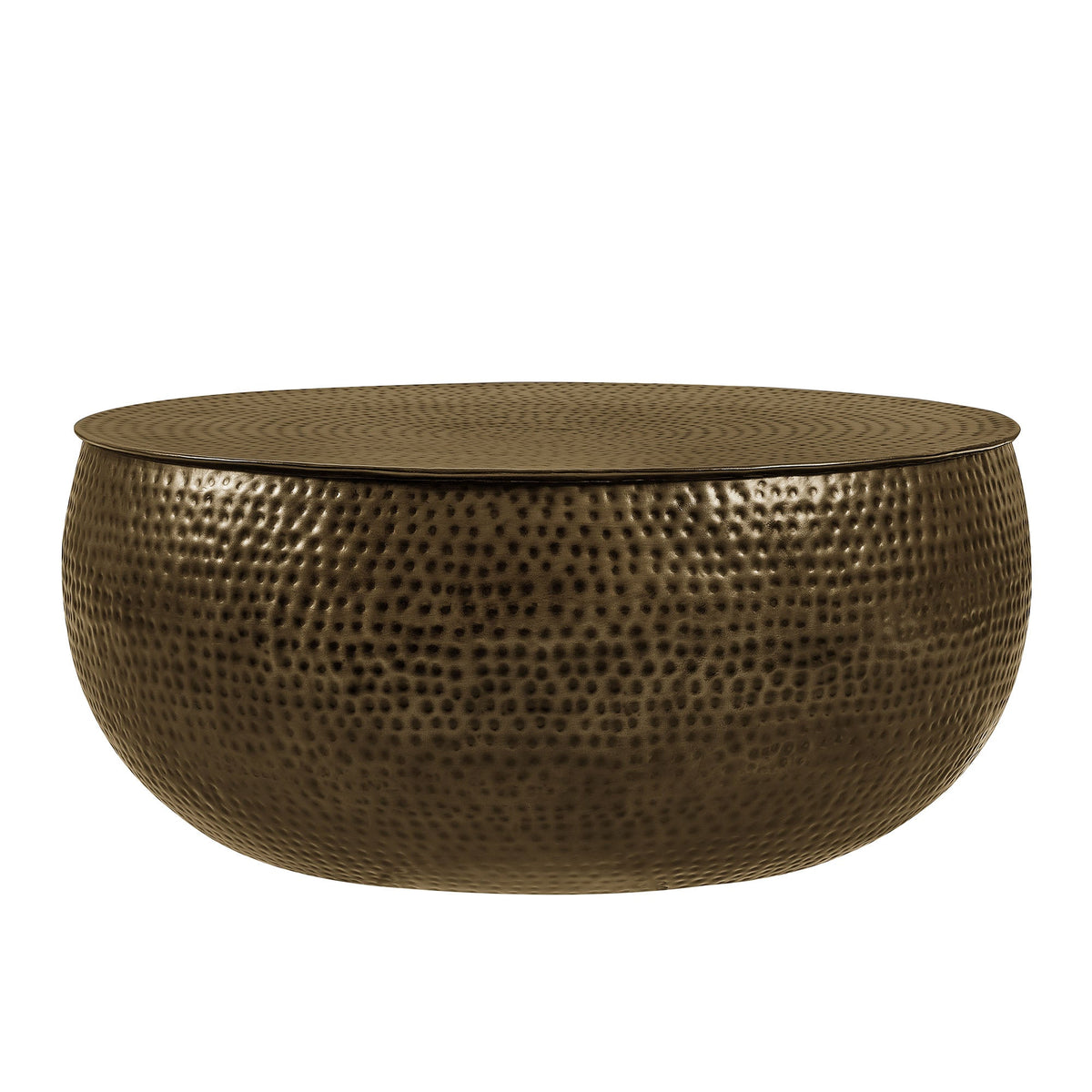 Tobin Antique Brass 35 Inch Hammered Metal Round Drum Coffee Table