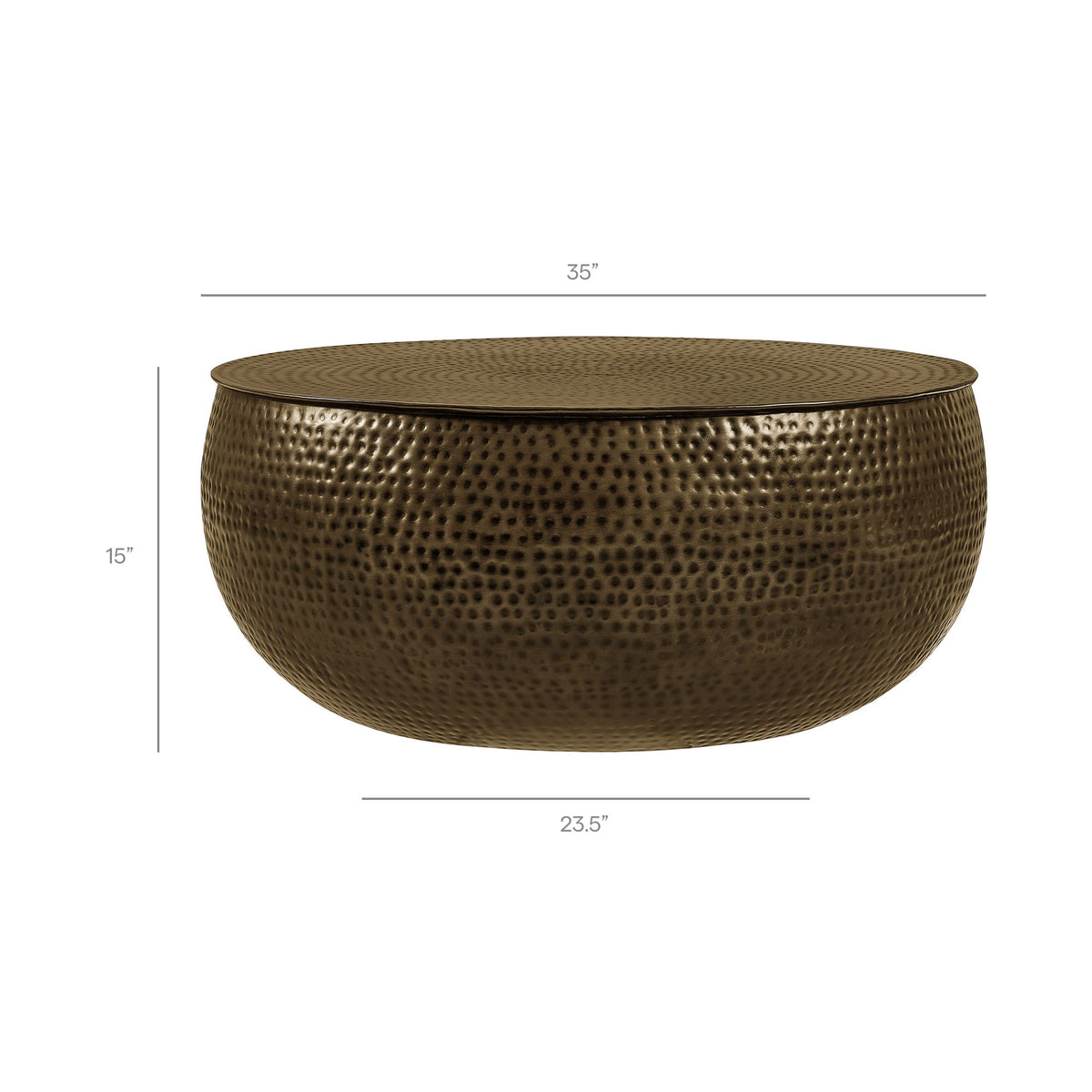 Tobin Antique Brass 35 Inch Hammered Metal Round Drum Coffee Table