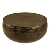 Tobin Antique Brass 35 Inch Hammered Metal Round Drum Coffee Table