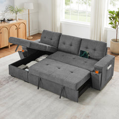 Toby Gray 95"W Woven Fabric Reversible Sleeper Sectional Sofa with Storage Chaise - Ornate Home