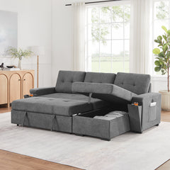 Toby Gray 95"W Woven Fabric Reversible Sleeper Sectional Sofa with Storage Chaise - Ornate Home