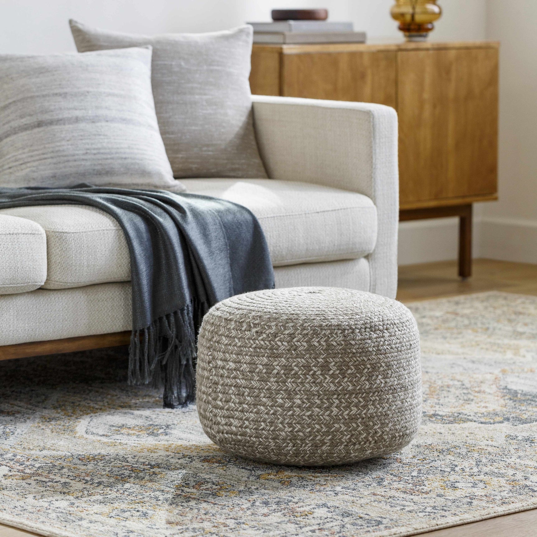 Tonanitla Natural Fiber Light Gray Knitted Outdoor Pouf - Ornate Home