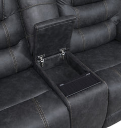 Tooele Graphite Fabric Dual Power Reclining Loveseat with Console - Ornate Home