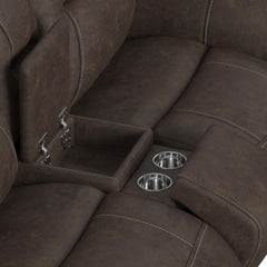 Topeka Rocky Brown Loveseat with Console, Hidden Cups - Ornate Home