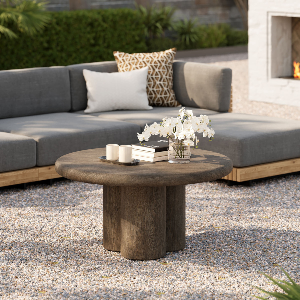 Tori Weathered Walnut 31 Inch Round Indoor and Outdoor Patio Coffee Table - Ornate Home